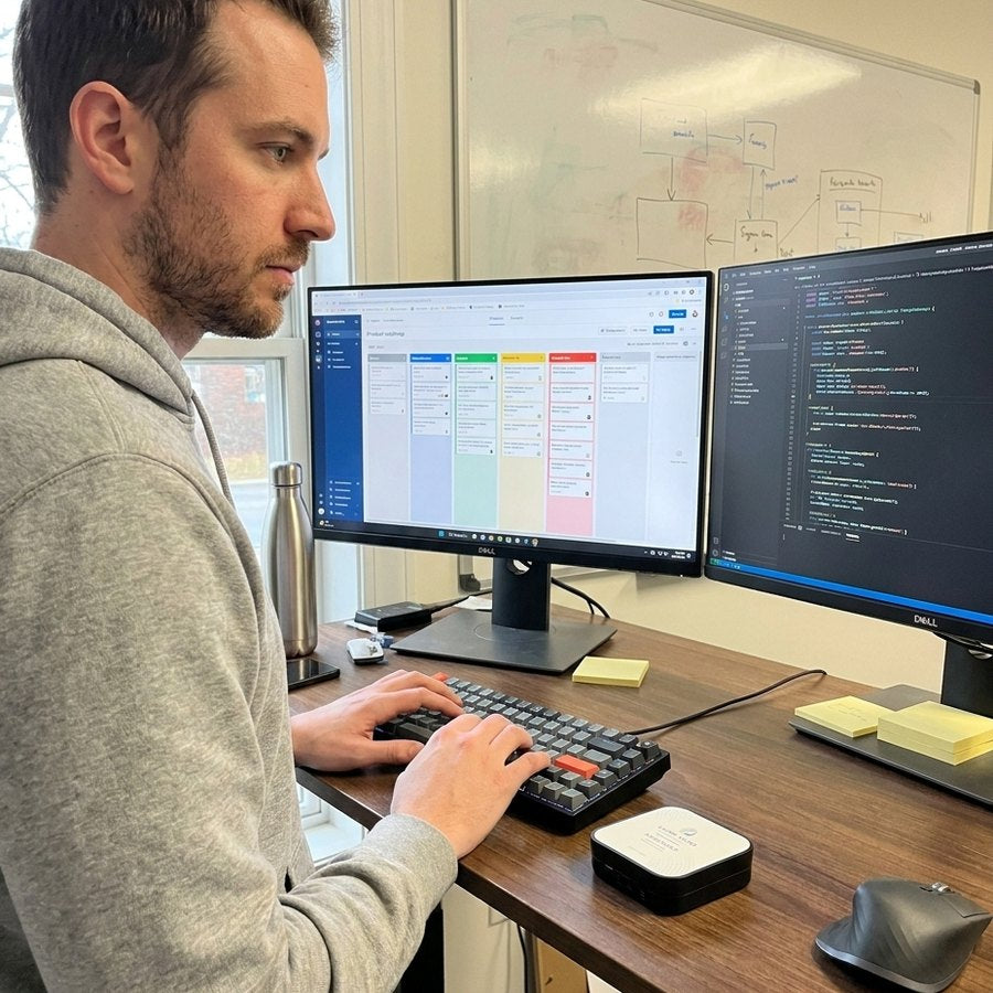 A SaaS founder at a standing desk between a roadmap board and a code editor, an Axiom Focus tin beside the keyboard.