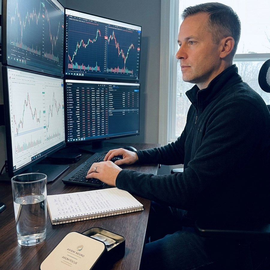 An equities trader at a four-monitor desk with an open Axiom Focus tin beside his notebook.